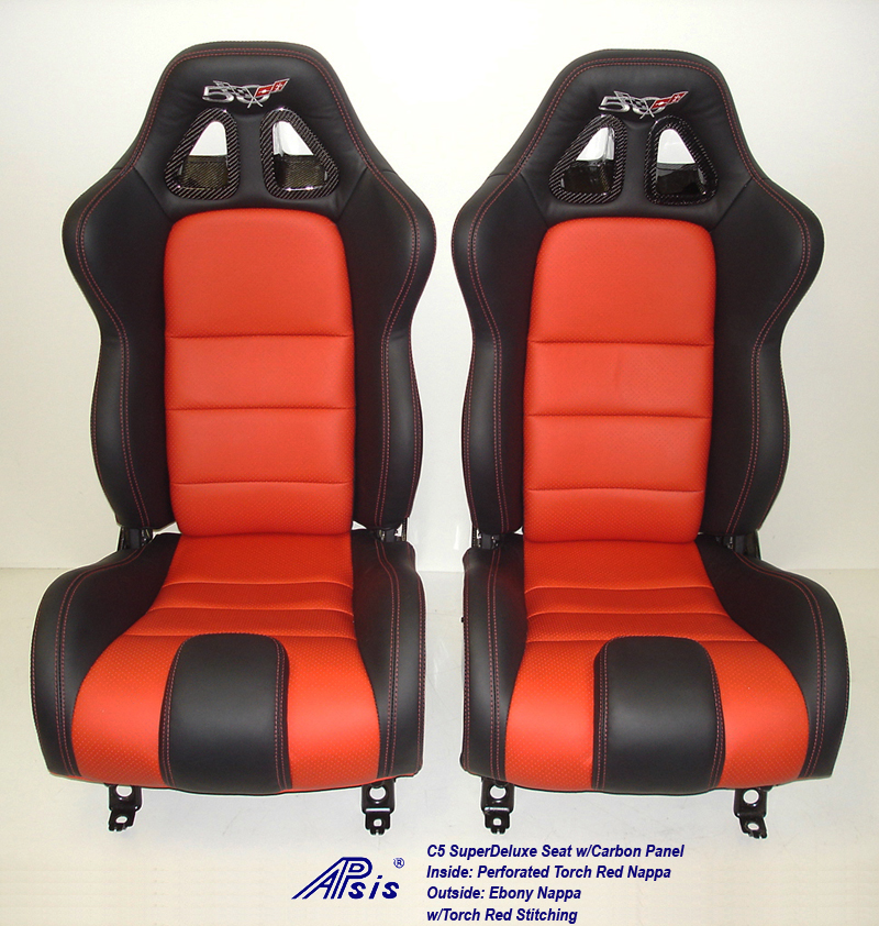 C5 SuperDeluxe Seat w-carbon ebony+perf torch red w-50th anniversary logo-pair-1