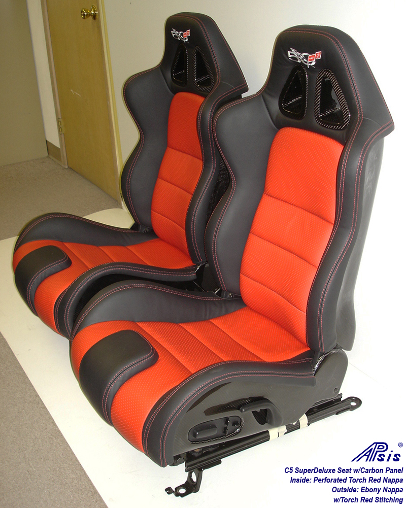 C5 SuperDeluxe Seat w-carbon ebony+perf torch red w-50th anniversary logo-pair-5b w-flash