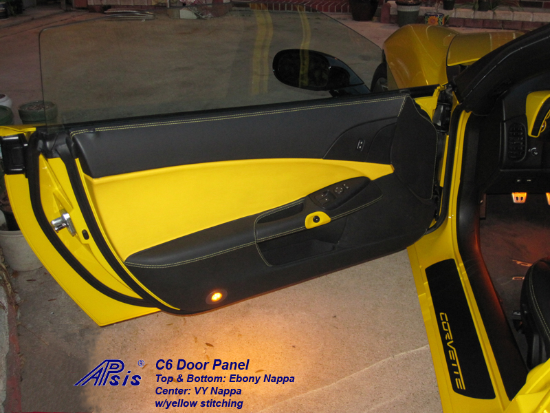 C6 Door Panel-ebony + vy w-yellow stitching-driver-installed-3