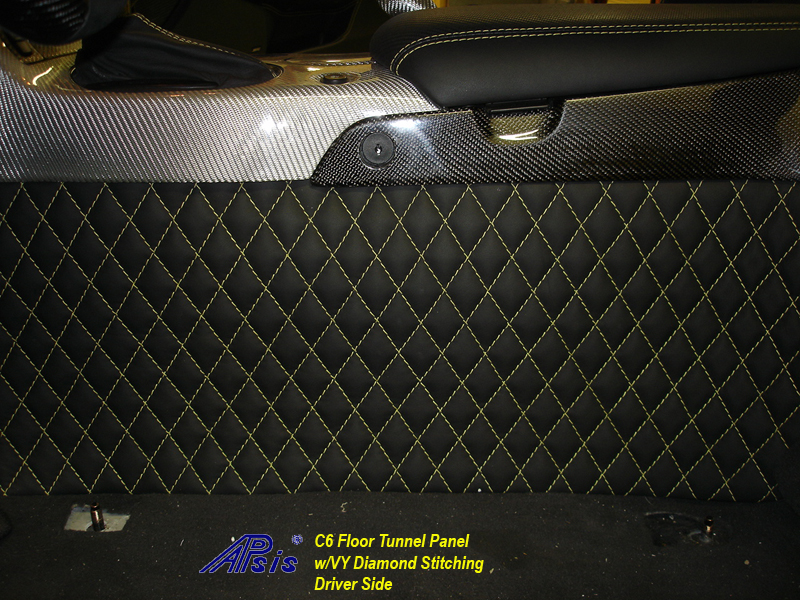 C6 Floor Tunnel Panel-ebony w-yellow stitching-installed-driver-5-close shot